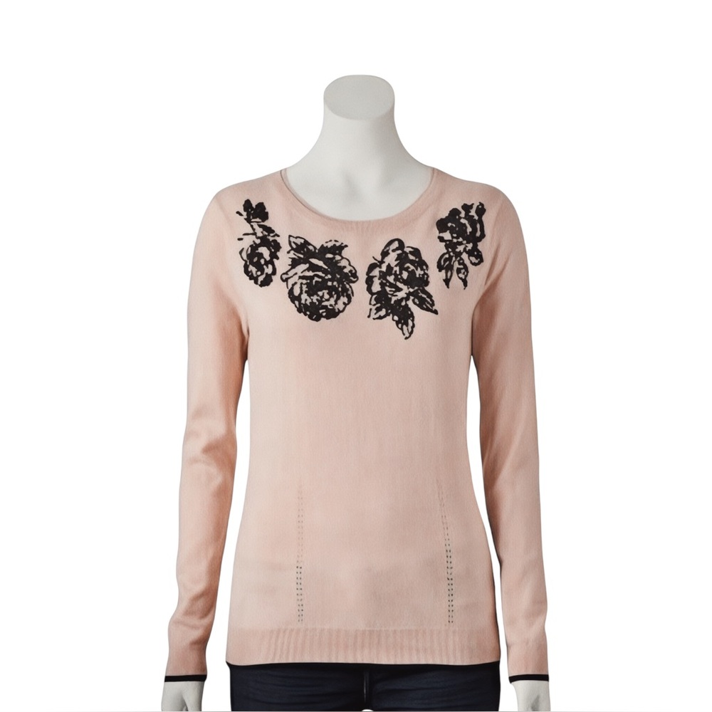 Elle Pink Beaded Rose Long Sleeve Pullover Sweater Womens Size Large $54